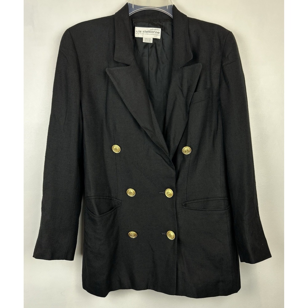Vintage Blazer Womens 4 Petite Black Double Breasted Gold Buttons Academia